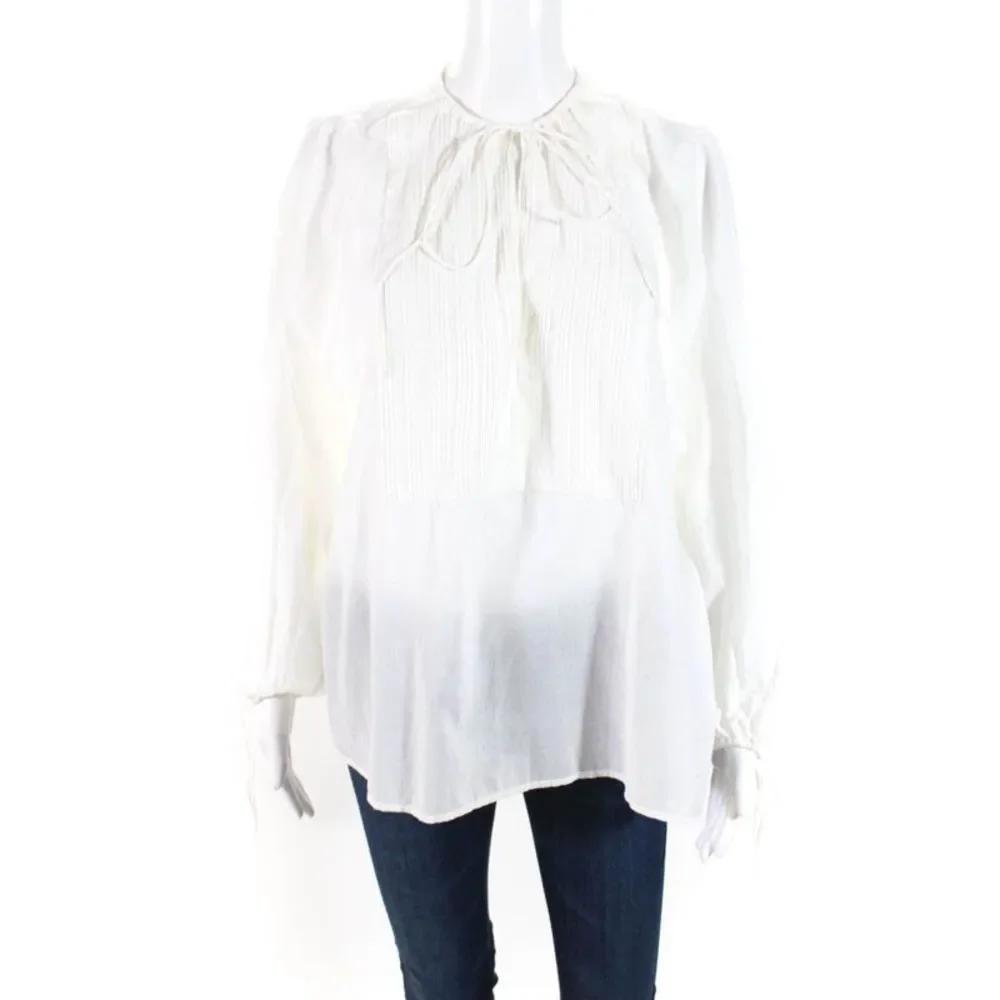 Nili Lotan Womens White Cotton V-Neck Long Sleeve Blouse Top Size S